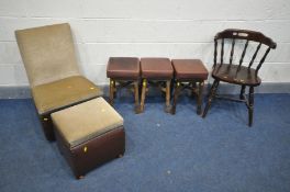 A SET OF THREE BEECH STOOLS, along with a round back chair and a 1940's leatherette chair and