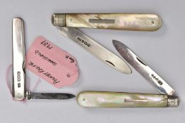 THREE SILVER FRUIT KNIVES, the first fitted with a mother of pearl handle, engraved floral design to