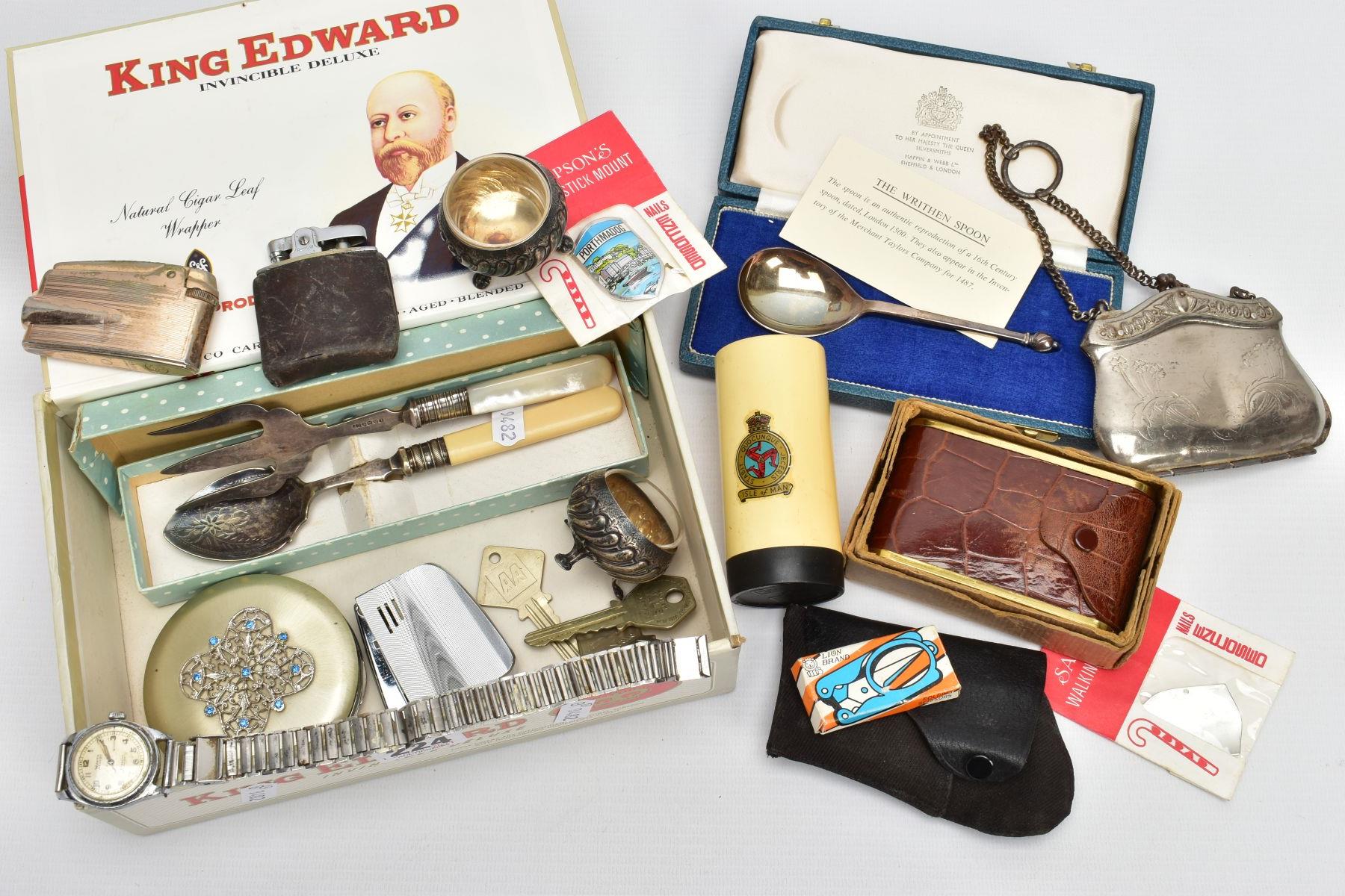 A SELECTION OF MISCELLANEOUS ITEMS, to include a silver Mappin & Webb spoon, an authentic