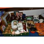 TWO BOXES AND LOOSE CERAMICS, PICTURES, METALWARES AND SUNDRY ITEMS, to include an Old Hall
