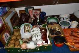 TWO BOXES AND LOOSE CERAMICS, PICTURES, METALWARES AND SUNDRY ITEMS, to include an Old Hall