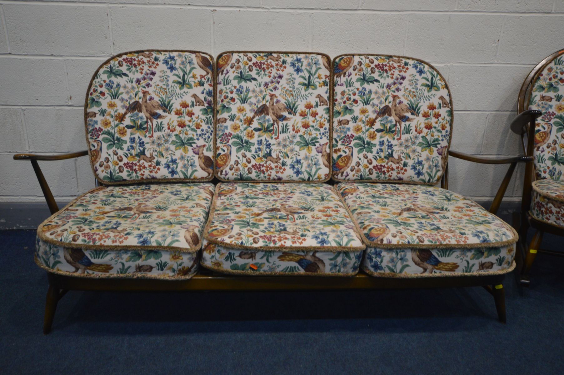 AN ERCOL WINSOR LOUNGE SUITE, with original cushions, comprising a three seater sofa, length - Image 2 of 5