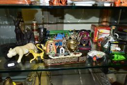 DECORATIVE ORNAMENTAL ITEMS, ETC, to include a Persian box decorated with a polo scene, Ghanaian