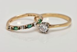 A 9CT GOLD DIAMOND AND EMERALD HALF ETERNITY RING AND A SINGLE STONE RING, the half eternity set