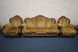 A VICTORIAN STYLE HARDWOOD FRAMED THREE PIECE SUITE, comprising a three seater sofa, length 209cm,