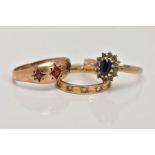 THREE 9CT GOLD GEM SET RINGS, the first an eternity ring set with circular colourless gems