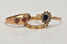 THREE 9CT GOLD GEM SET RINGS, the first an eternity ring set with circular colourless gems