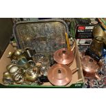 TWO BOXES OF METALWARES, CAMERAS AND LOOSE, ETC, including an electric copper kettle with no