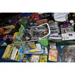 EIGHT BOXES AND LOOSE VINTAGE TINS, METALWARES, VIDEO GAMES, HOUSEHOLD ITEMS, ETC, to include more