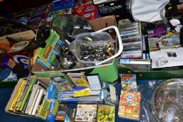 EIGHT BOXES AND LOOSE VINTAGE TINS, METALWARES, VIDEO GAMES, HOUSEHOLD ITEMS, ETC, to include more