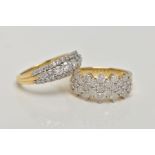 TWO 9CT GOLD DIAMOND RINGS, the first designed as a row of floral brilliant cut diamond clusters,