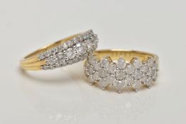 TWO 9CT GOLD DIAMOND RINGS, the first designed as a row of floral brilliant cut diamond clusters,