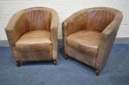 A PAIR OF 'HALO LIVING' BROWN LEATHER TUB CHAIRS, labelled to lower back (condition:-worn leather to