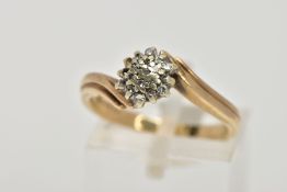 A 9CT GOLD DIAMOND CLUSTER RING, the cluster of a flower shape, set with single cut diamond