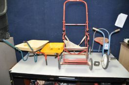 FOUR VINTAGE CHILDS PUSH A LONG TOUS comprising of a Banter Trike, a Cumfifolda Pushchair and two