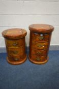 A PAIR OF HARDWOOD CYLINDRICAL CHEST OF FOUR DRAWERS, diameter 44cm x height 68cm and a matching