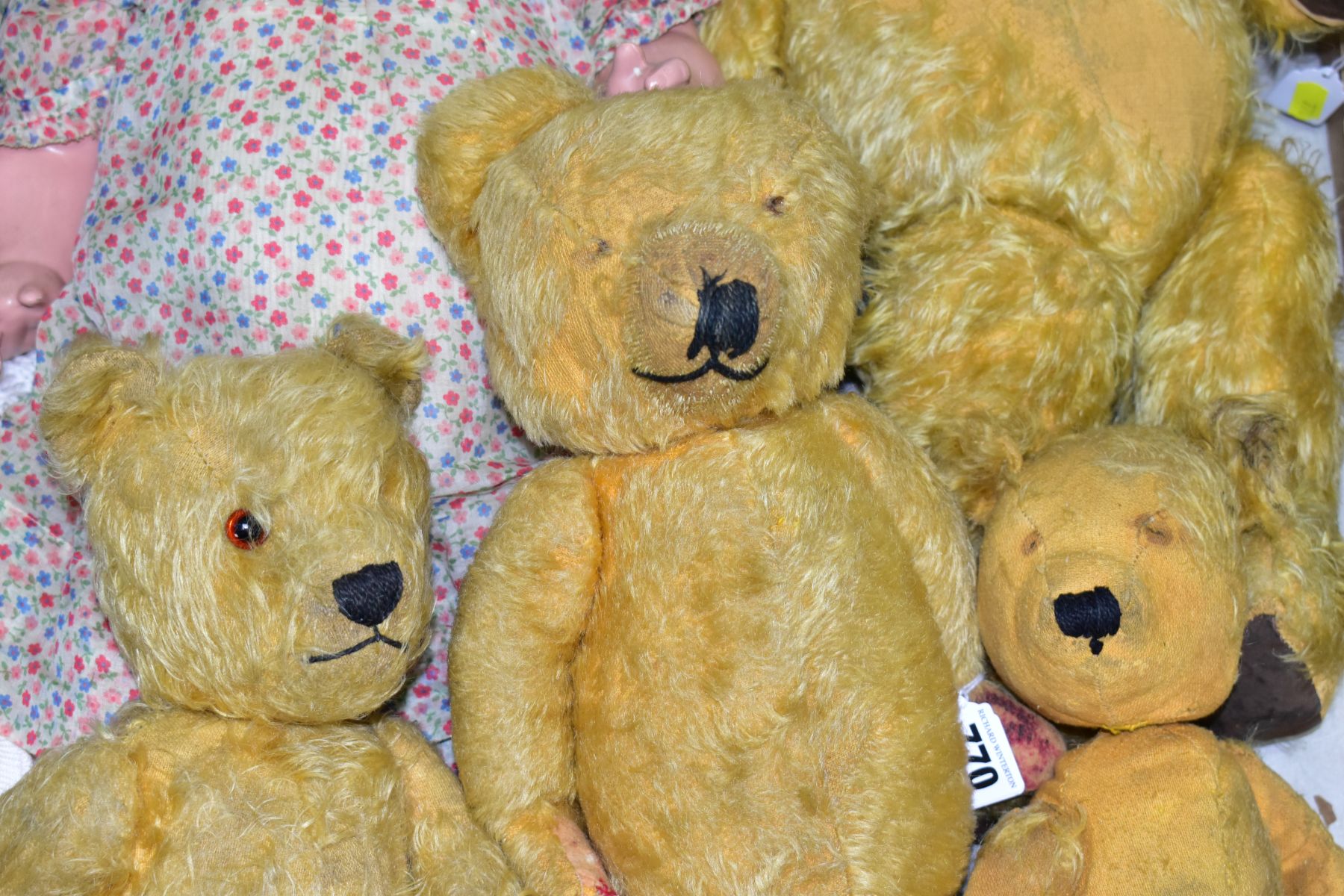 A WELL LOVED MERRYTHOUGHT GOLDEN PLUSH TEDDY BEAR, is missing both eyes, has shaved muzzle with - Image 2 of 7