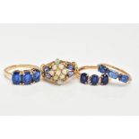 THREE 9CT GOLD SAPPHIRE RINGS AND A 9CT GOLD OPAL RING, three stone ring, oval cut sapphire