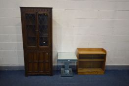 A SQUARE MIRRORED OCCASIONAL TABLE, 50cm squared x height 54cm, an oak lead glazed two door corner