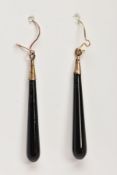 A PAIR OF TAPERED DROP EARRINGS, polished elongated drops, mounted with yellow metal fish