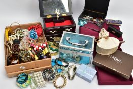 A SELECTION OF COSTUME JEWLLERY BOXES AND TEASPOONS, to include a selection of beaded earrings and