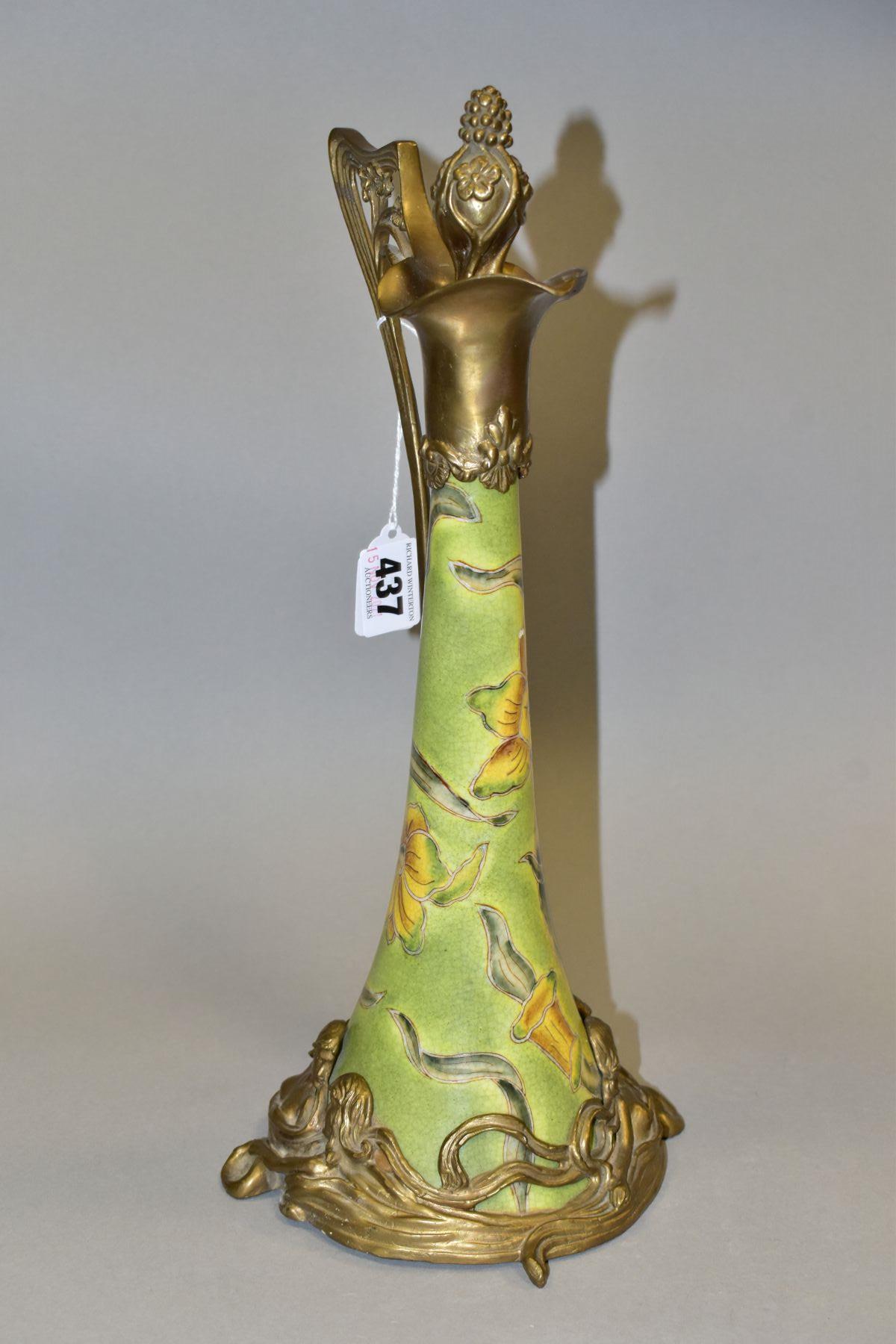 A REPRODUCTION ART NOUVEAU STYLE BRASS MOUNTED CERAMIC EWER, with foliate stopper, the wavy lip with - Image 2 of 7