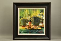 PETER J RODGERS (BRITISH CONTEMPORARY) 'MASTS AND FUNNELS', ships and tug boats in a harbour, signed