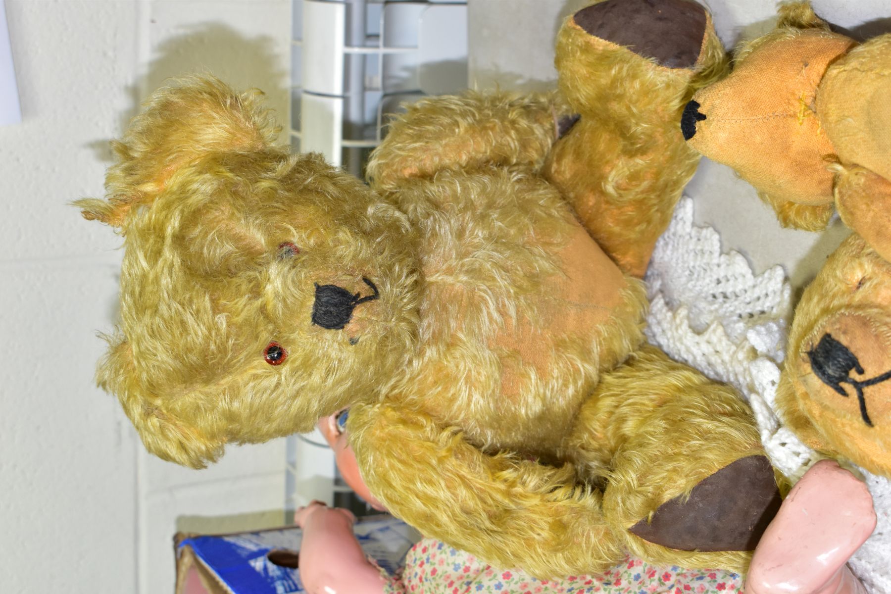 A WELL LOVED MERRYTHOUGHT GOLDEN PLUSH TEDDY BEAR, is missing both eyes, has shaved muzzle with - Image 6 of 7
