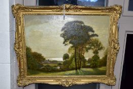 JAMES T WATTS, rural landscape with sea in distance, oil on canvas, signed lower right, in a gilt