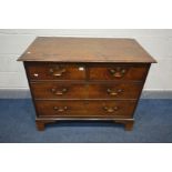 A GEORGIAN OAK CHEST OF TWO SHORT OVER THREE LONG DRAWERS, brass swan handles, on bracket feet,