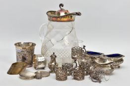 SELECTION OF SILVER ITEMS, to include a glass water jug, two salts with blue glass liners, a