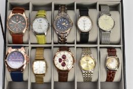 SELECTION OF WATCHES IN A DISPLAY BOX, display box encasing ten watches, names to include Timex,