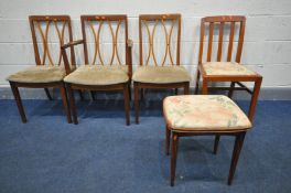 A SET OF THREE G PLAN FRESCO CURVE BACK CHAIRS, including one carver, along with a single teak chair