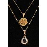 TWO 9CT GOLD PENDANT NECKLACES, the first a floral detailed circular locket, hallmarked 9ct gold