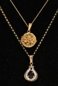 TWO 9CT GOLD PENDANT NECKLACES, the first a floral detailed circular locket, hallmarked 9ct gold