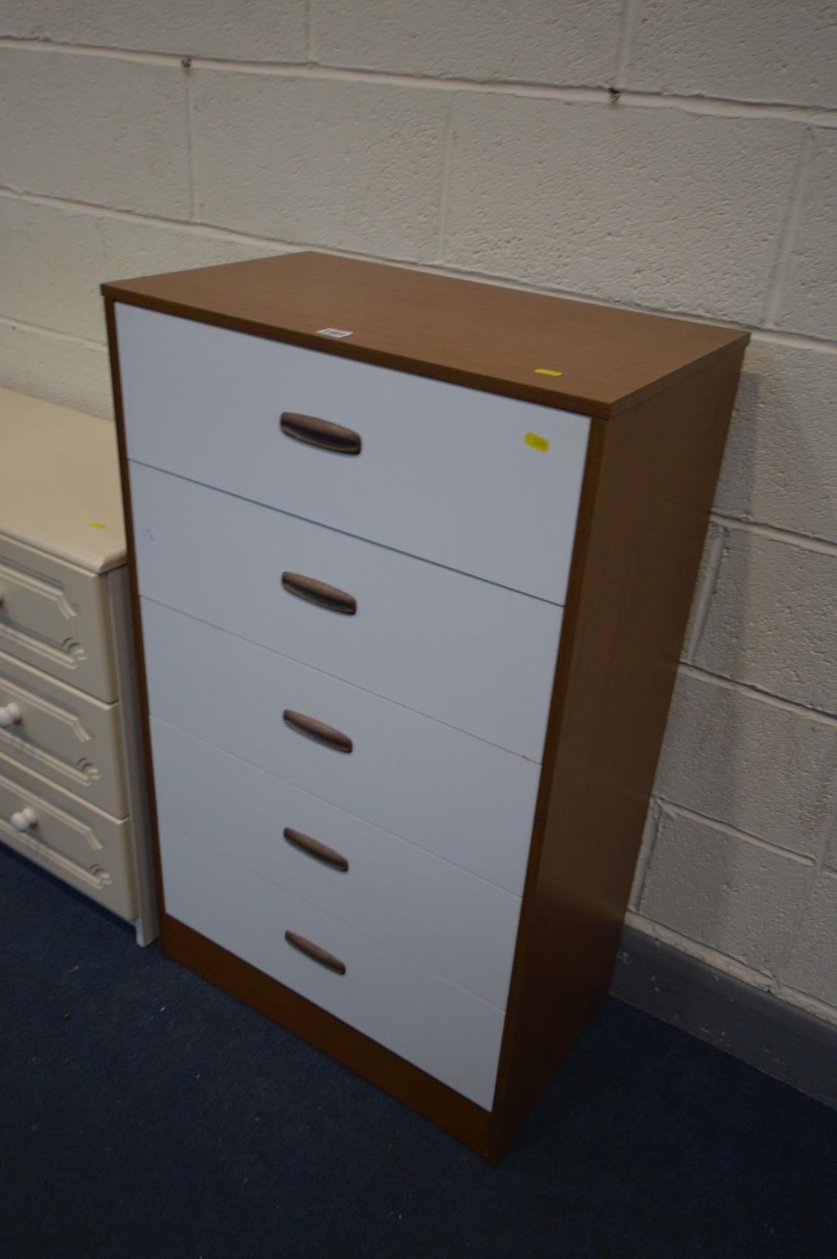 A TALL WHITE AN TEAK FINISH CHEST OF FIVE DRAWERS, width 64cm x depth 38cm x height 107cm, and a - Image 2 of 2