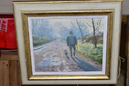 JAMES. D PRESTON (BRITISH CONTEMPORARY), a man and his dog walking along a country lane, signed