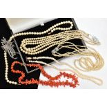A CORAL BRANCH NECKLACE, A CULTURED PEARL NECKLACE, IMITATION PEARL STRANDS AND A WHITE METAL