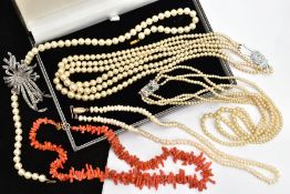 A CORAL BRANCH NECKLACE, A CULTURED PEARL NECKLACE, IMITATION PEARL STRANDS AND A WHITE METAL