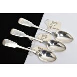 THREE SILVER TEASPOONS, fiddle pattern spoons, the first with engraved initials to the terminal,