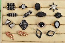TEN GEM SET RINGS AND THREE PAIRS OF EARRINGS, to include white metal and gold-plated rings set with