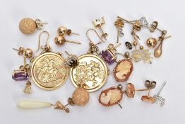 A SELECTION OF 9CT GOLD, AND WHITE AND YELLOW METAL EARRINGS, to include a pair of oval cut Amethyst