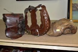 A LEATHER SADDLE SHAPED BAG AND TWO TREEN ITEMS, comprising an oak table lamp base bearing label '