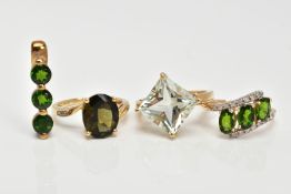 THREE 9CT GOLD GEM SET RINGS AND A PENDANT, one stone dress ring, quartz square cut stone, four claw