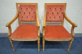A PAIR OF REPRODUCTION LOUIS XVI STYLE BEECH ARMCHAIRS, with open armrests and pink upholstery (this