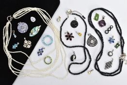 A QUANTITY OF WHITE METAL GEM SET PENDANTS AND THREE NECKLACES, to include twenty-three pendants