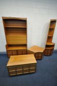 FOUR VARIOUS PIECES OF NATHAN TEAK LOUNGE FURNITURE, to include a bookcase/drinks cabinet, low