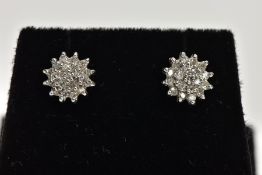 A PAIR OF 9CT GOLD DIAMOND CLUSTER EARRINGS, slightly raised cluster set with round brilliant cut