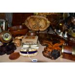 A COLLECTION OF TREEN, ETC, to include a small ships wheel barometer, a quartz wall clock, a