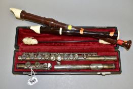 A CASED YAMAHA SILVER PLATED FLUTE, bears model No. YFL2115, the case fitted with cleaning